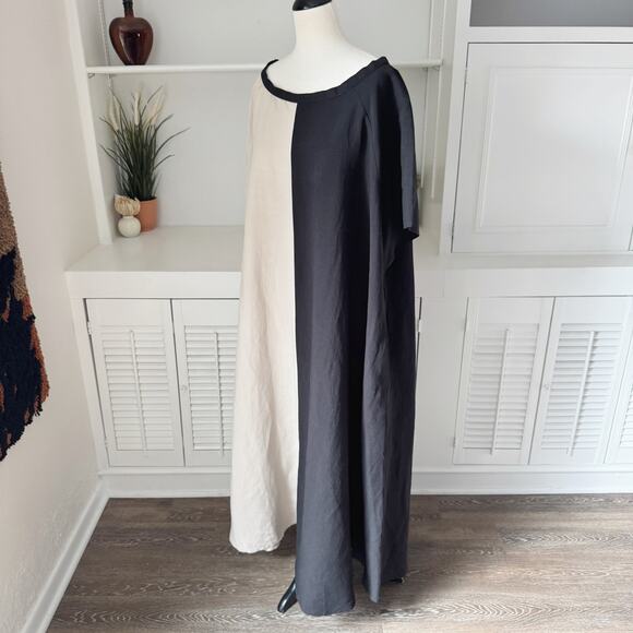 Kedem Sasson Colorblock Black Beige Linen Oversized Caftan Maxi Dress OS - Picture 2 of 8